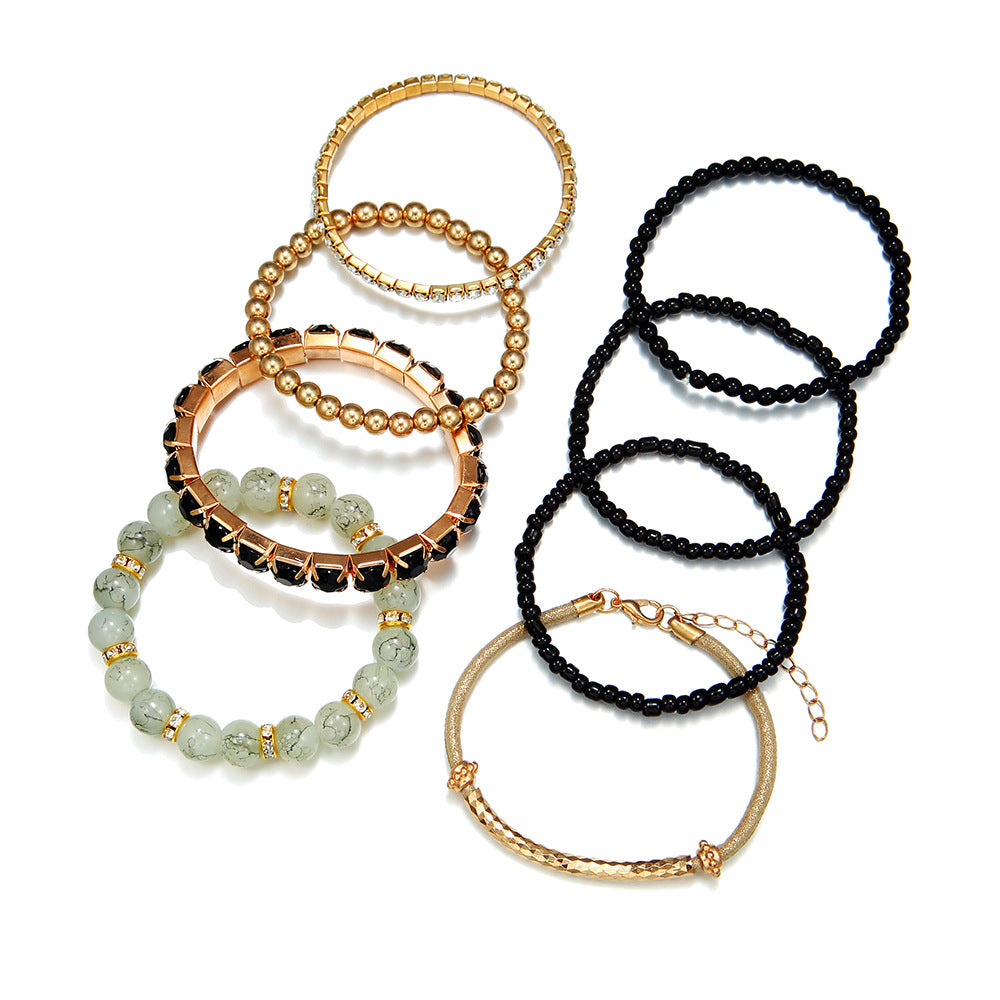 Wholesale Bohemian Turquoise Round Beads Vintage Elastic Rhinestone Rice Beads Bracelet Set