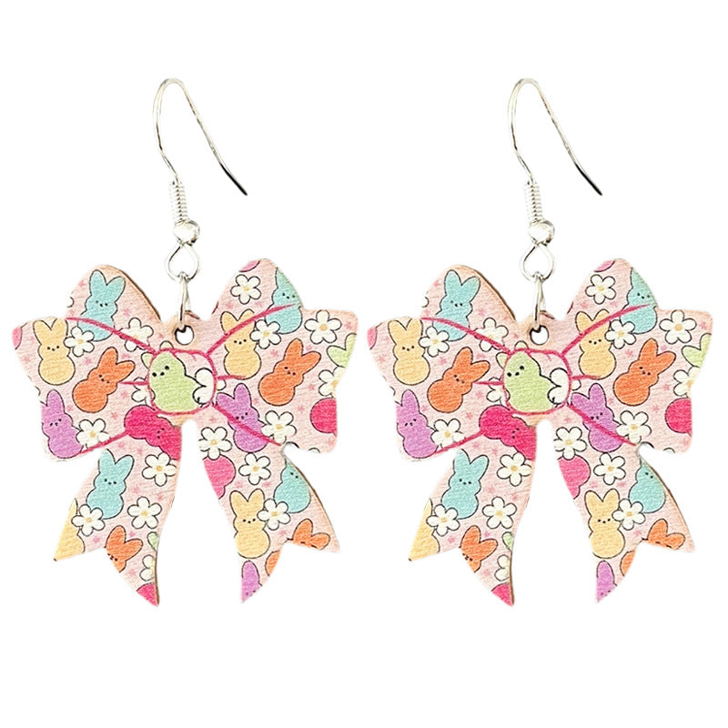 Wholesale 2pcs/ pack Wooden Easter Bow Bunny Cross Earrings