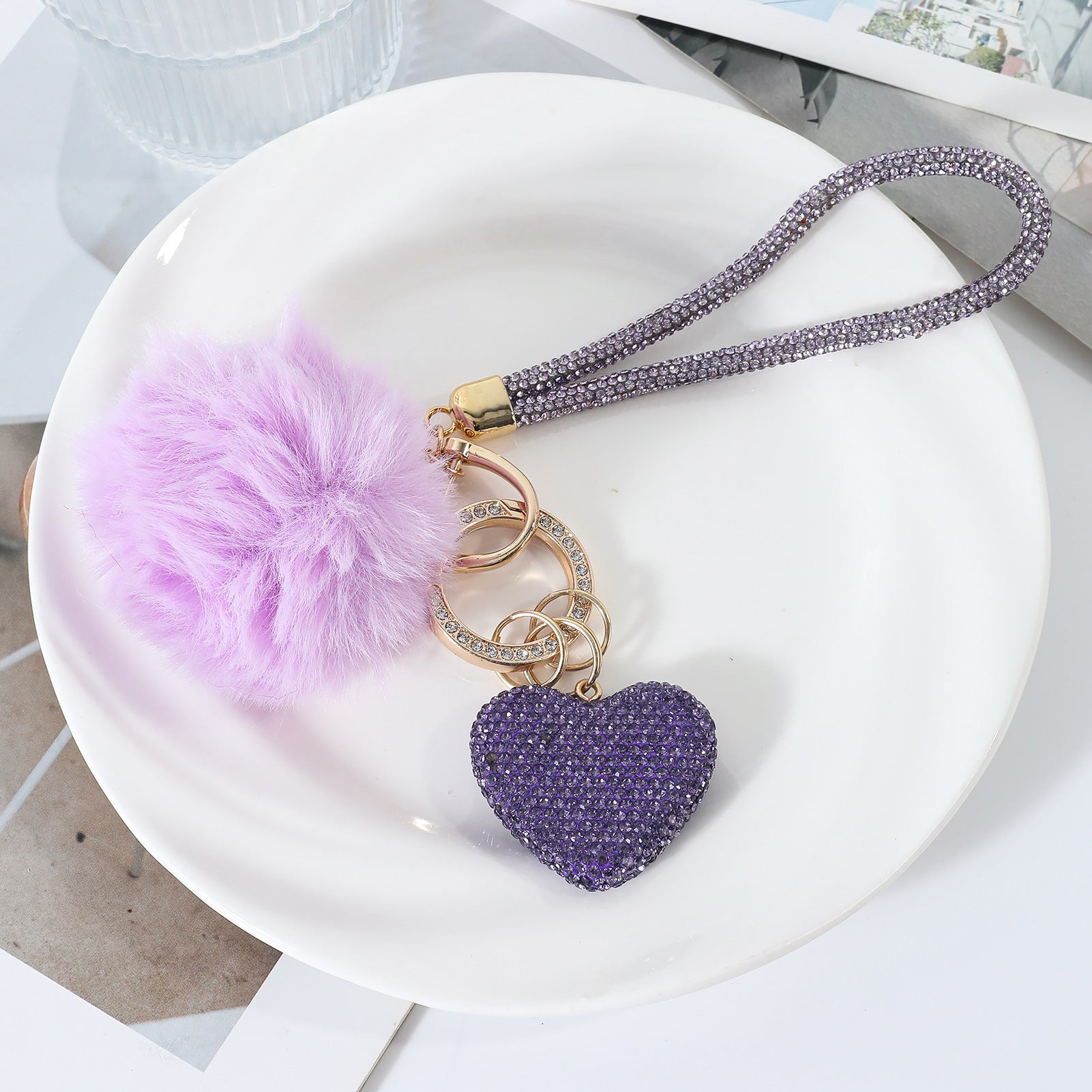 Wholesale Pom Pom Heart-shaped   rhinestone-encrusted keychain
