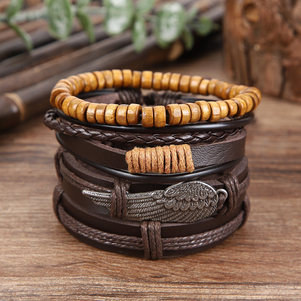 Wholesale Handmade Layered Leather Wood Bead Bracelet Retro Angel Wings Unisex Boutique Resale