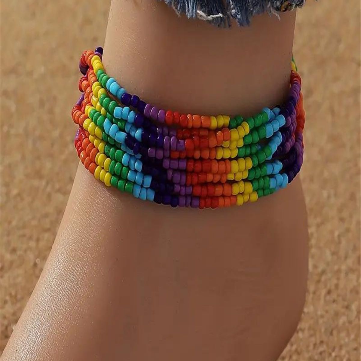 Wholesale  rainbow anklet bohemian rice beads elastic beaded accessories  anklets