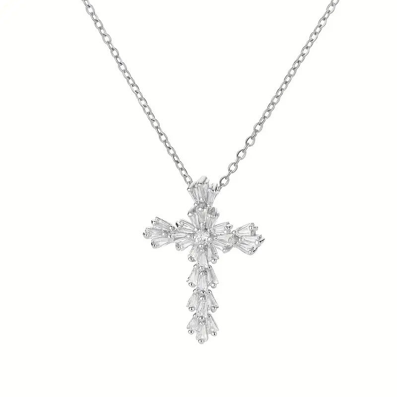 Wholesale Copper Zircon Cross Pendant Necklace for Women,  Gold and White,  Fashion Jewelry Gift
