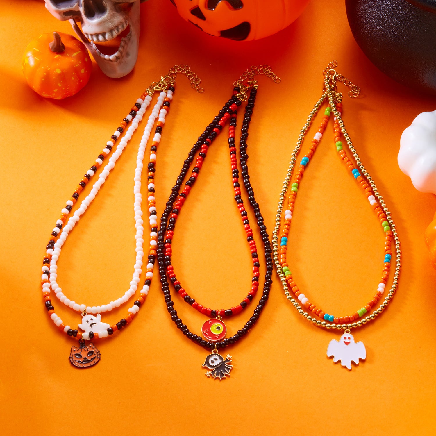 Wholesale Halloween double-layered necklace with contrasting rice beads neck clavicle chain