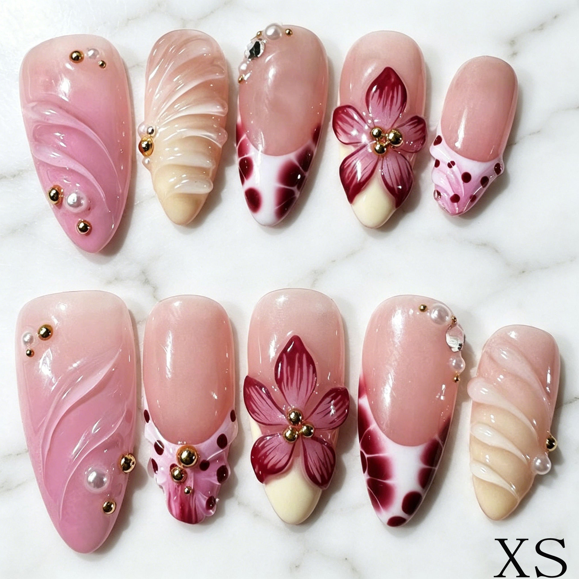 Wholesale 10 Pieces Almond Shaped Press On Nails Pink Gradient Floral Pearl Design Sweet Everyday Fashion Accessory Gift For Women