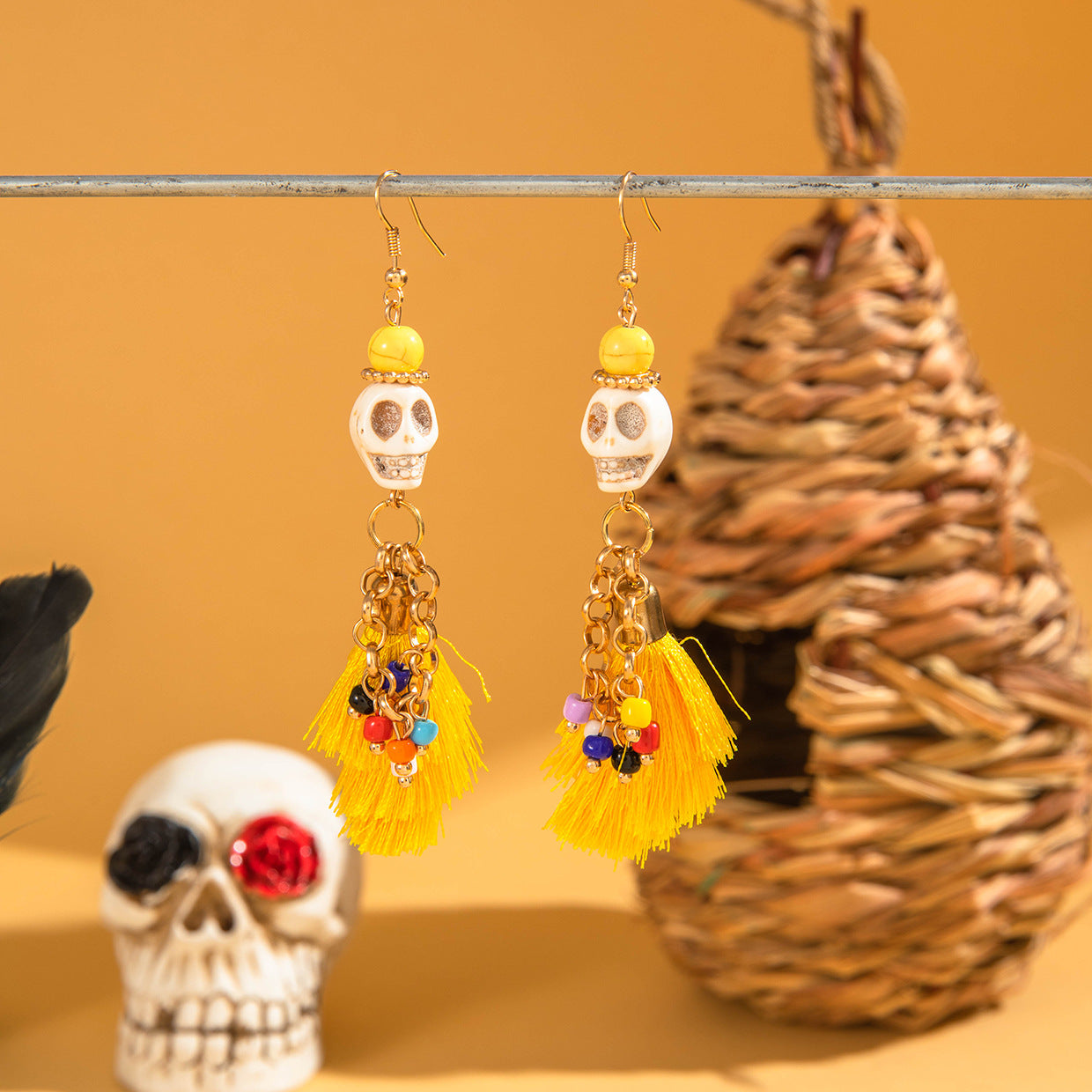 Wholesale   funny  skull tassel rice beads earrings