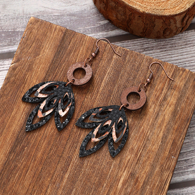 Wholesale  three-layer maple leaf shape super flash sequins fashion leather earrings