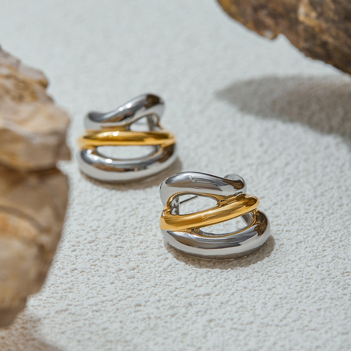 Wholesale  18K Gold Stainless Steel Gold and Silver Color-Blocking Earrings