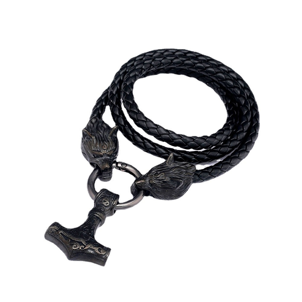 Wholesale Men's Vintage Stainless Steel Black Nordic Viking Wolf Head Necklace