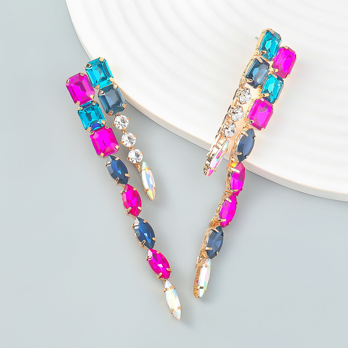 Wholesale colored diamond series diamond double layer geometric shape long alloy earrings ACC-ES-JL020