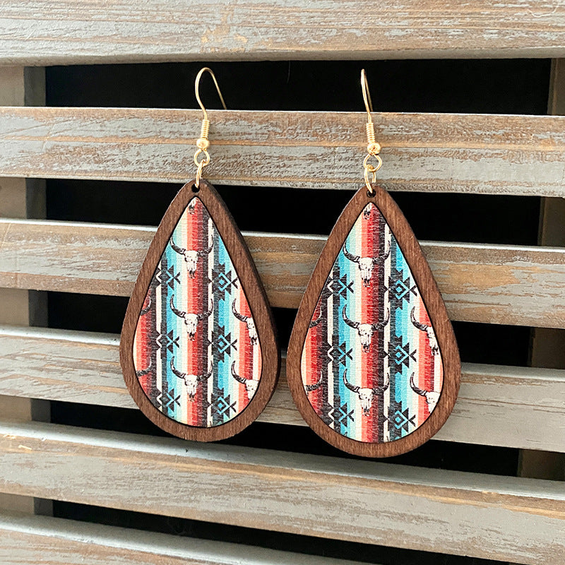 Wholesale Western Style Vintage Wood Earrings Aztec Water Drop Earrings ACC-ES-XinChuan040