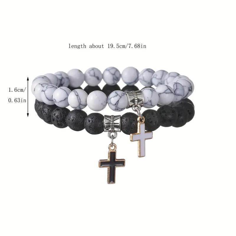 Wholesale Natural Stone Couple Bracelet Set With Cross Pendant Fashion Elastic Bead Bracelets Wedding Gift Boutique Resale