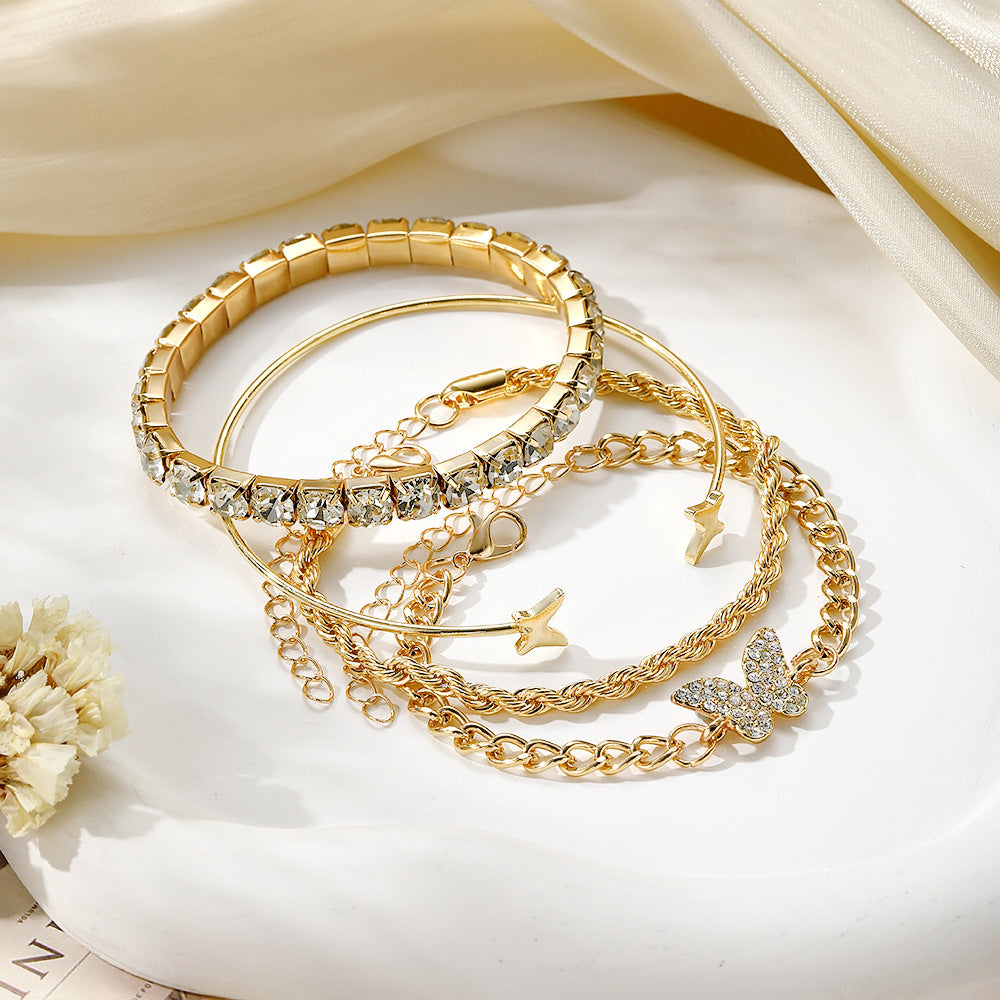 Wholesale Butterfly Rhinestone Alloy Stackable Bracelet Set 4 Pcs Adjustable Bangle Stretch Cord Women Fashion Jewelry Gift
