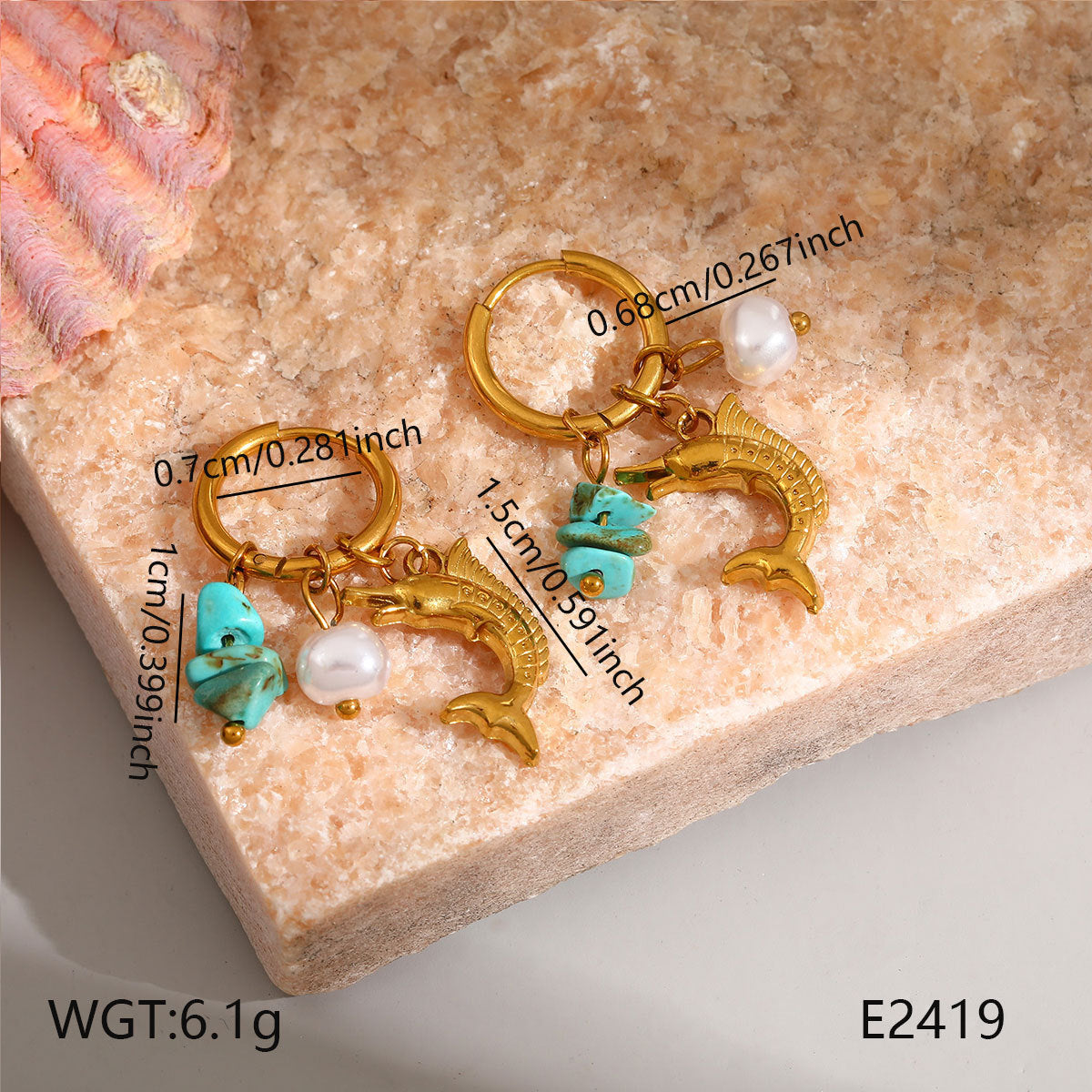 Wholesale Stainless Steel Vintage Gold-Tone Ocean Series Double Dolphin Earrings Women Fashion Jewelry Accessory