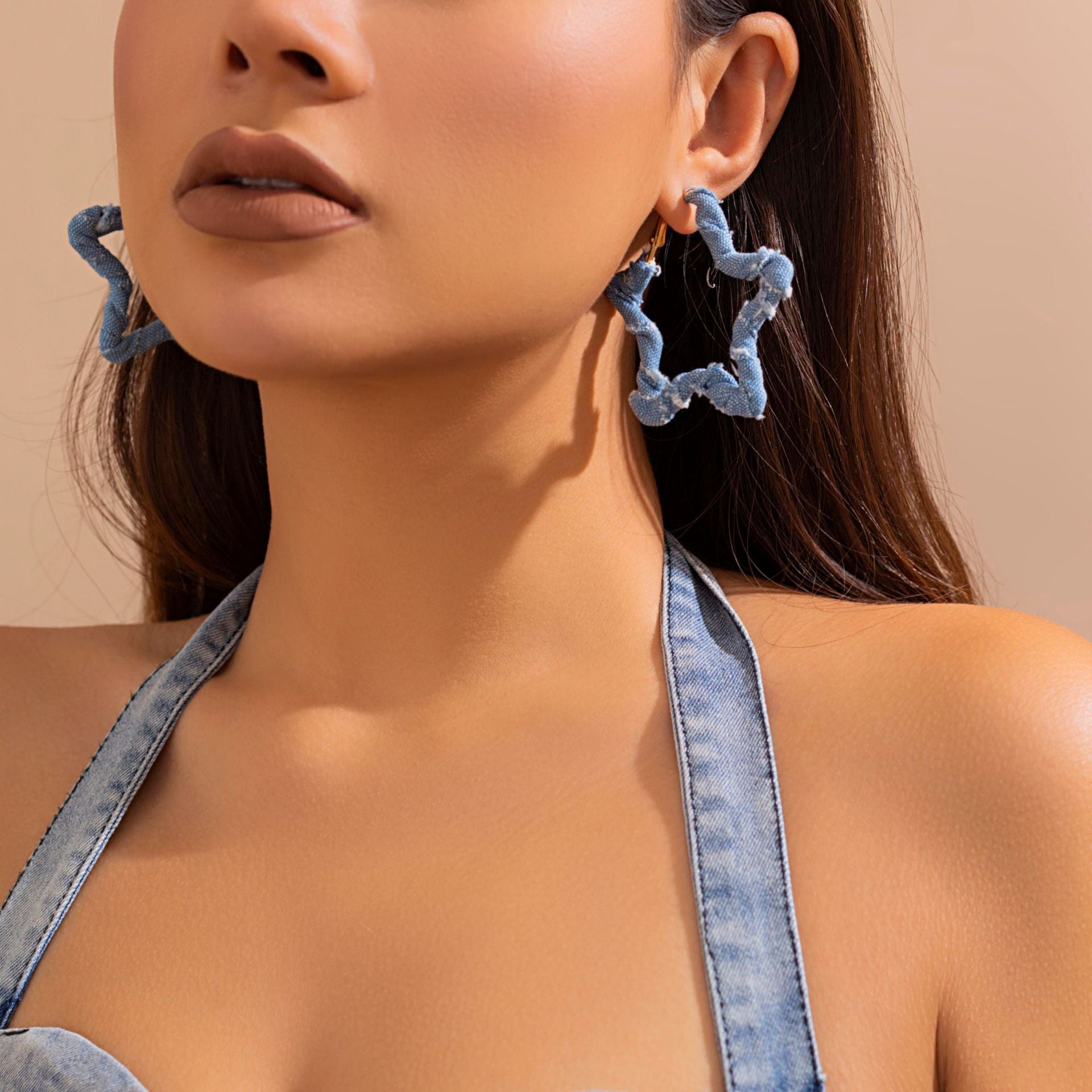 Wholesale Retro Exaggerated Denim Printed Cloth Earrings Studs Statemente Earrings ACC-ES-DN007