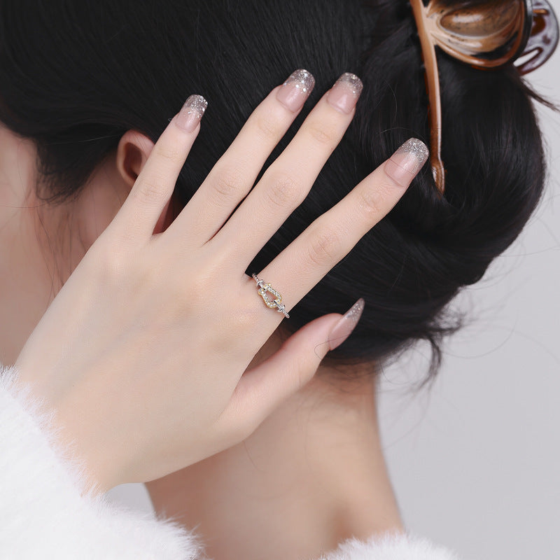 Wholesale S925 Diamond Split Gold Contrast Horseshoe Buckle Sterling Silver Ring