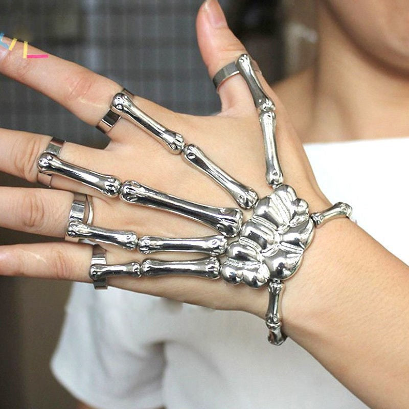 Wholesale punk style five finger ring exaggerated skull bracelet