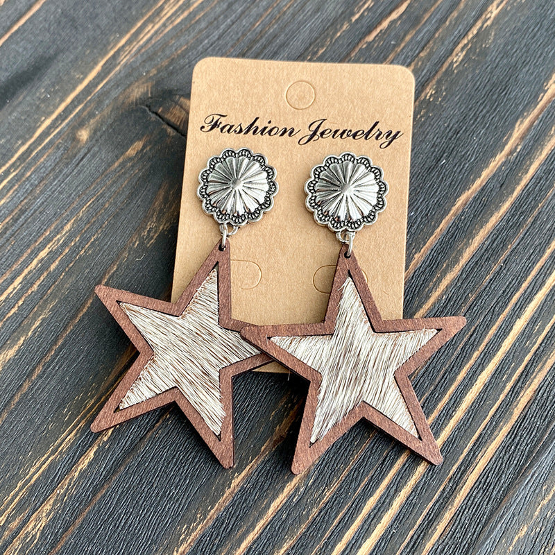 Wholesale Western Denim five-pointed star leather earrings