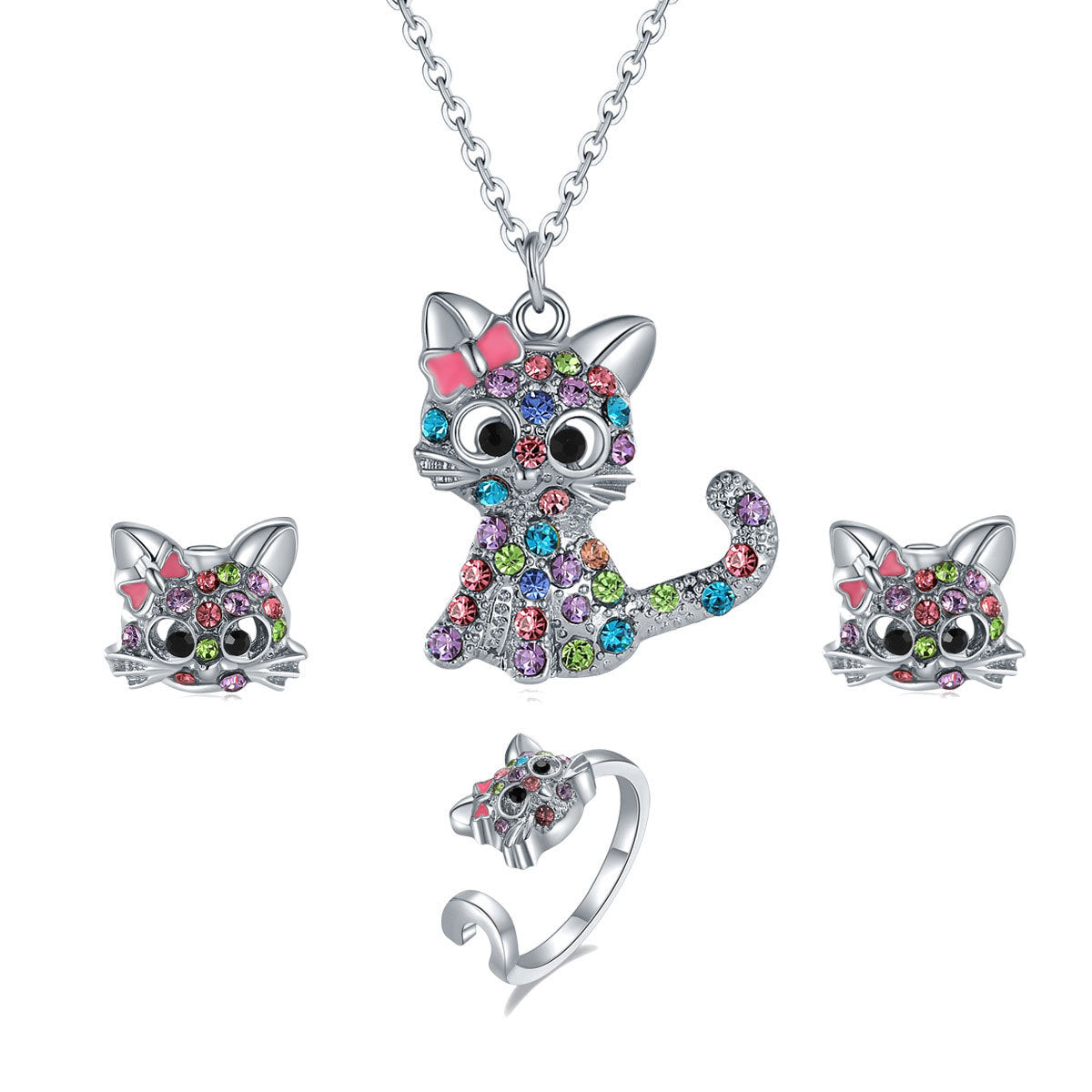 Wholesale  cartoon cat necklace earrings ring suit jewelry