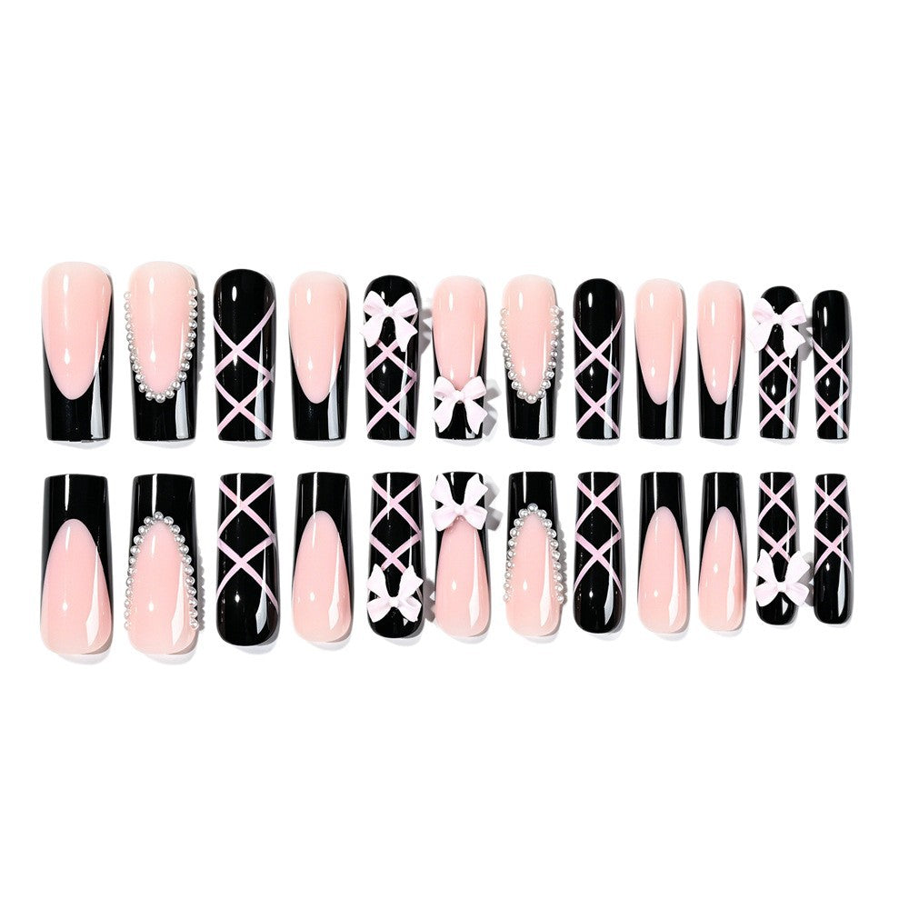 Wholesale Sweet Style 24Pcs Long Ballet Press On Nails With Pearl Bow Pattern Trendy Fashion Accessory For Everyday And Party Wear