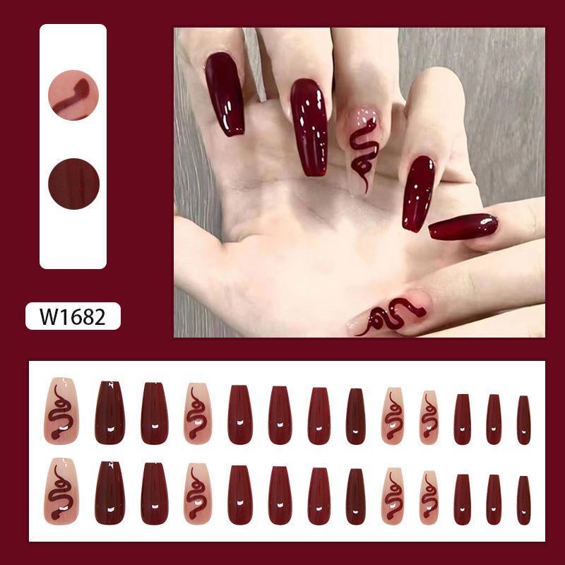 Wholesale 24 Pieces/box Burgundy Snake Nails Kits Nail Stickers