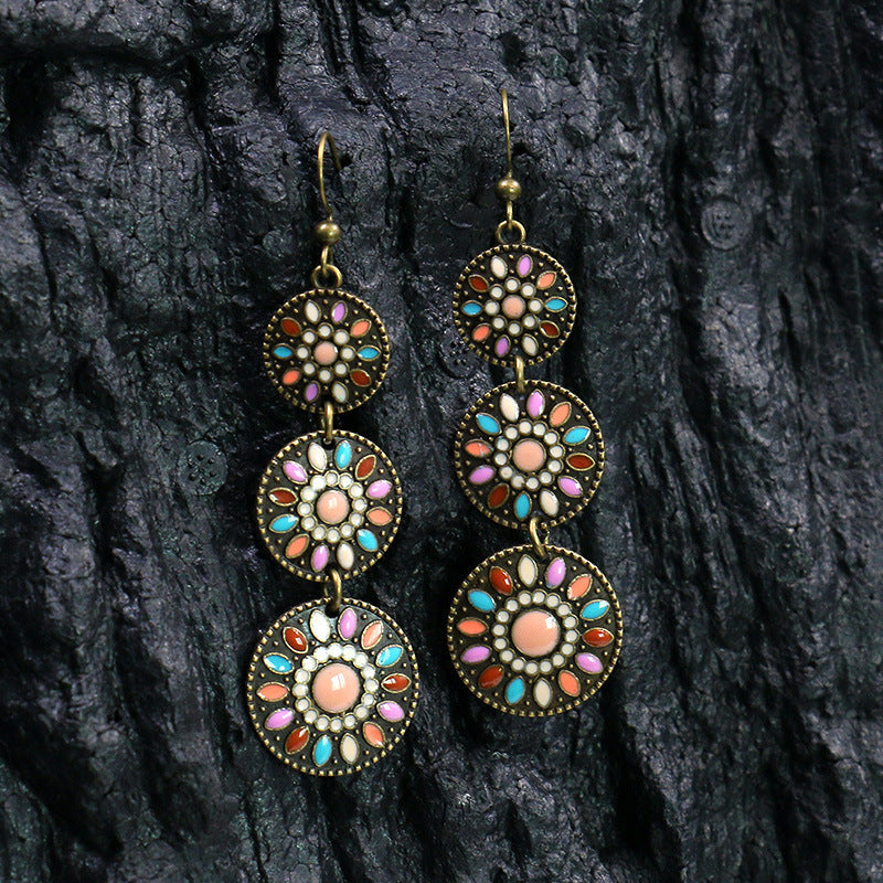 Wholesale hollow alloy retro color  diamond flower  earrings