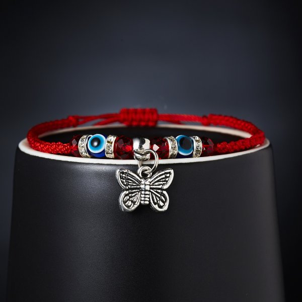 Bracciale regolabile intrecciato con corda rossa, occhio blu, gufo, tartaruga, farfalla, palma, occhio blu, all'ingrosso