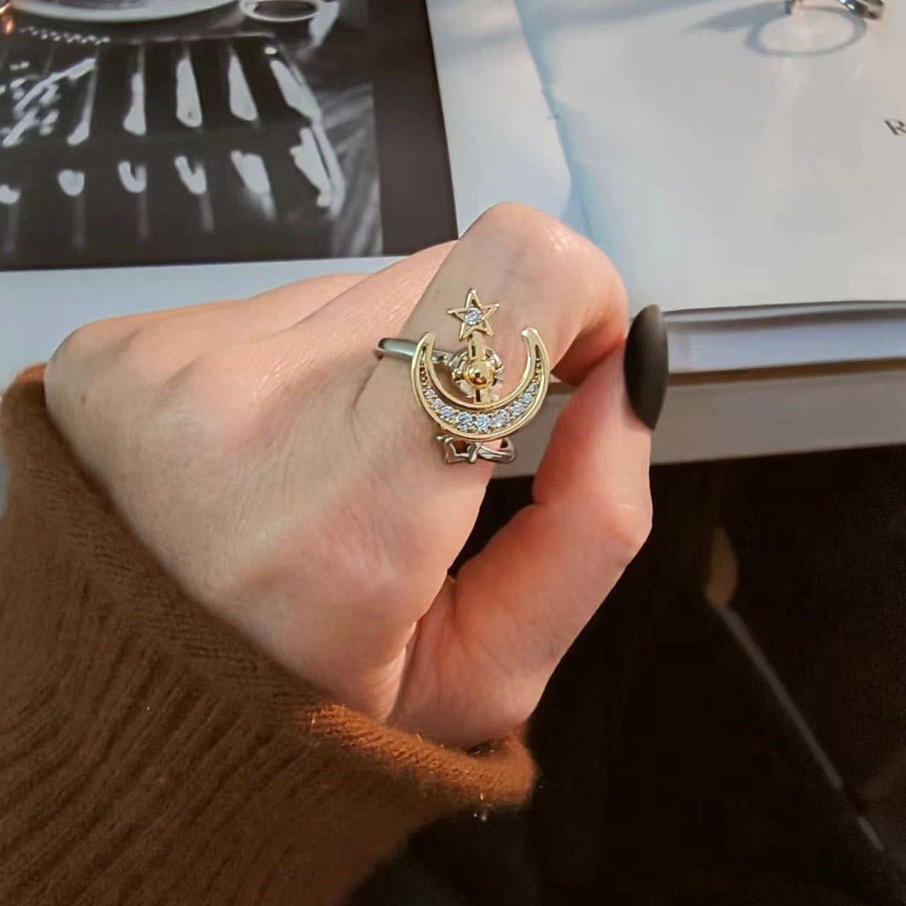 Wholesale Gold Plated Copper Adjustable Star Moon Ring Fashion Jewelry Gift
