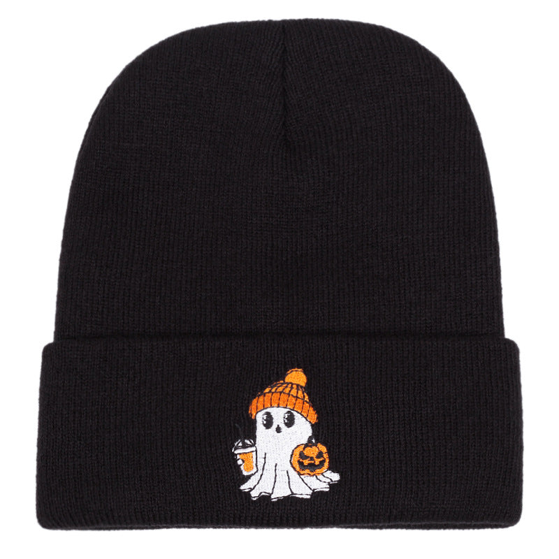 Wholesale Warm Knit Beanie With  Ghost Pumpkin Embroidery Unisex Winter Hat For Daily Wear And Party