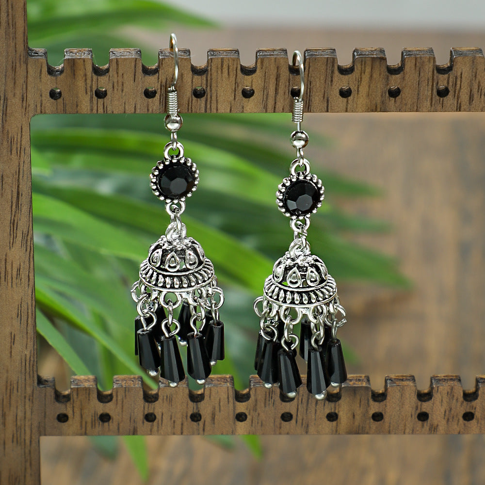 Wholesale Zinc Alloy Vintage Lantern Earrings Black Crystal Tassel Jewelry Accessory