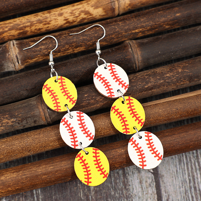 Wholesale Sports style yellow and white baseball stitching wooden earrings