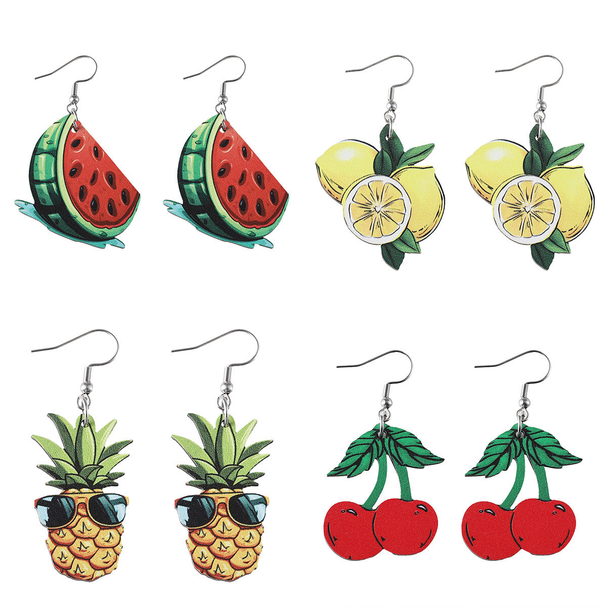 Wholesale Summer Watermelon Lemon Pineapple Cherry Wood Double-sided Earrings ACC-ES-ChuLian053
