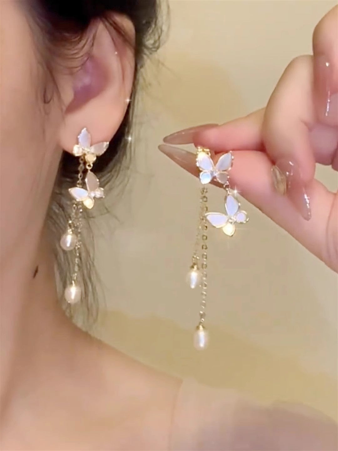 Wholesale Pearl Earrings  Butterfly Long Tassel Earrings