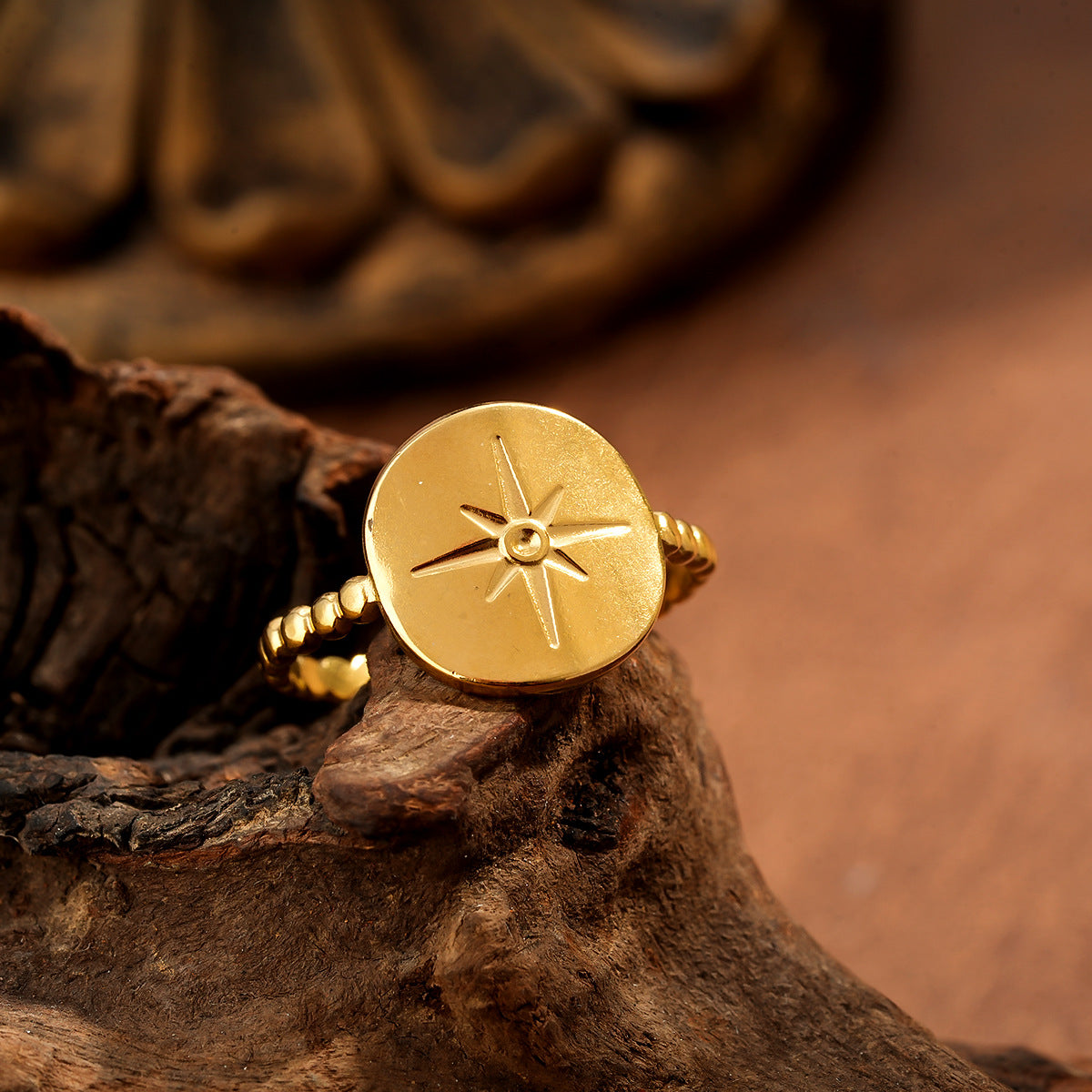 Wholesale Eight-Pointed Star Adjustable Ring,  Stainless Steel with Gold Plating,  Women' s Jewelry Accessory for Resale