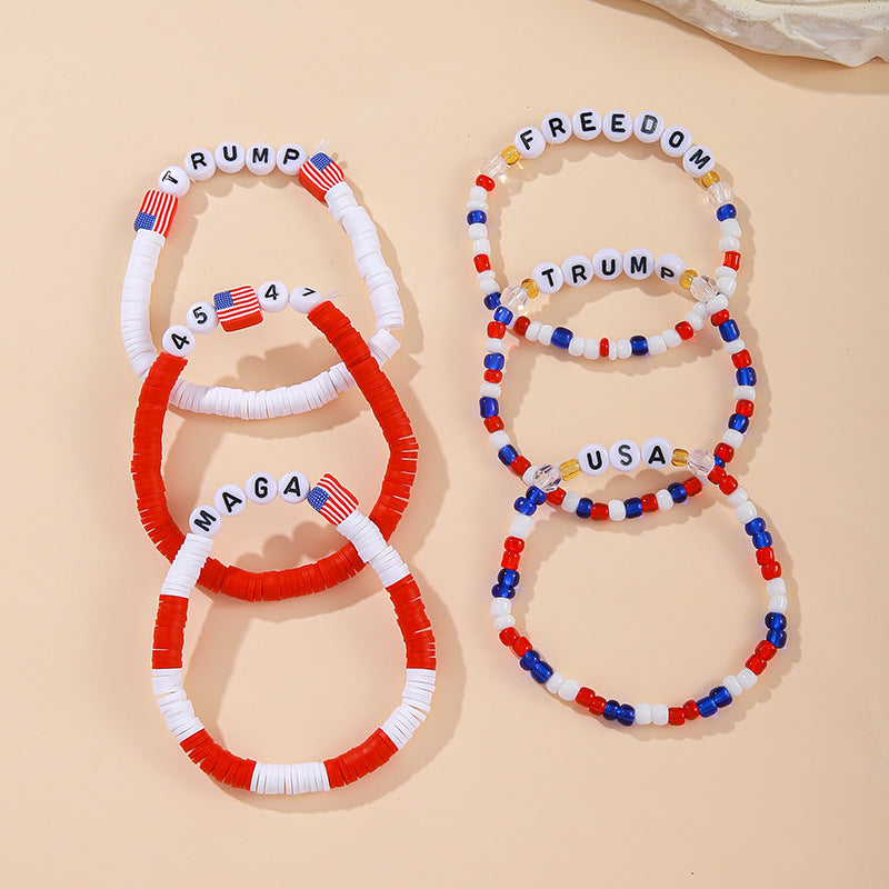 Wholesale Bohemian Style Colorful Soft Pottery Elastic Letter Independence Day Flag Multi-layer Bracelet