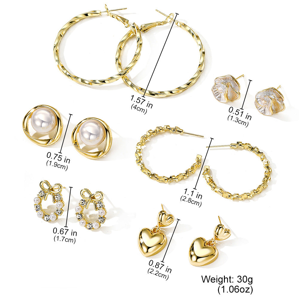 Wholesale Mixed Material Plated Hoop Earrings Geometric Oval Circle Pearl Design 6 Pair Set Women S Chic Fashion Accessory
