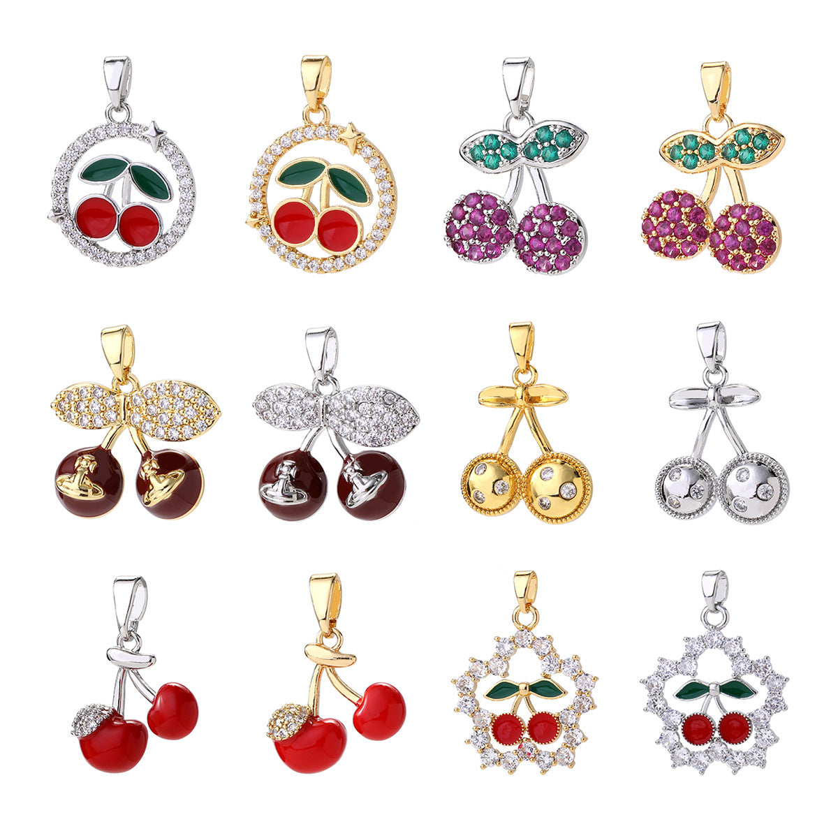 Wholesale 14K Gold Plated Brass Cherry Pendant Necklace Micro Set Zircon Fruit Choker Stylish Fashion Accessory For Women Gift