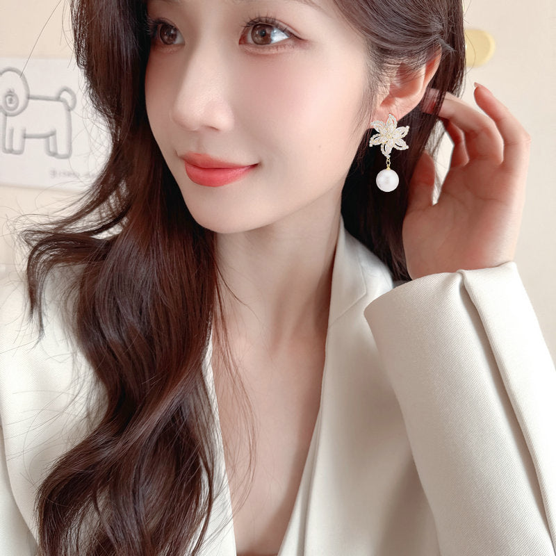 Wholesale Flower Earrings Super Flash Zircon Windmill Pearl Earrings