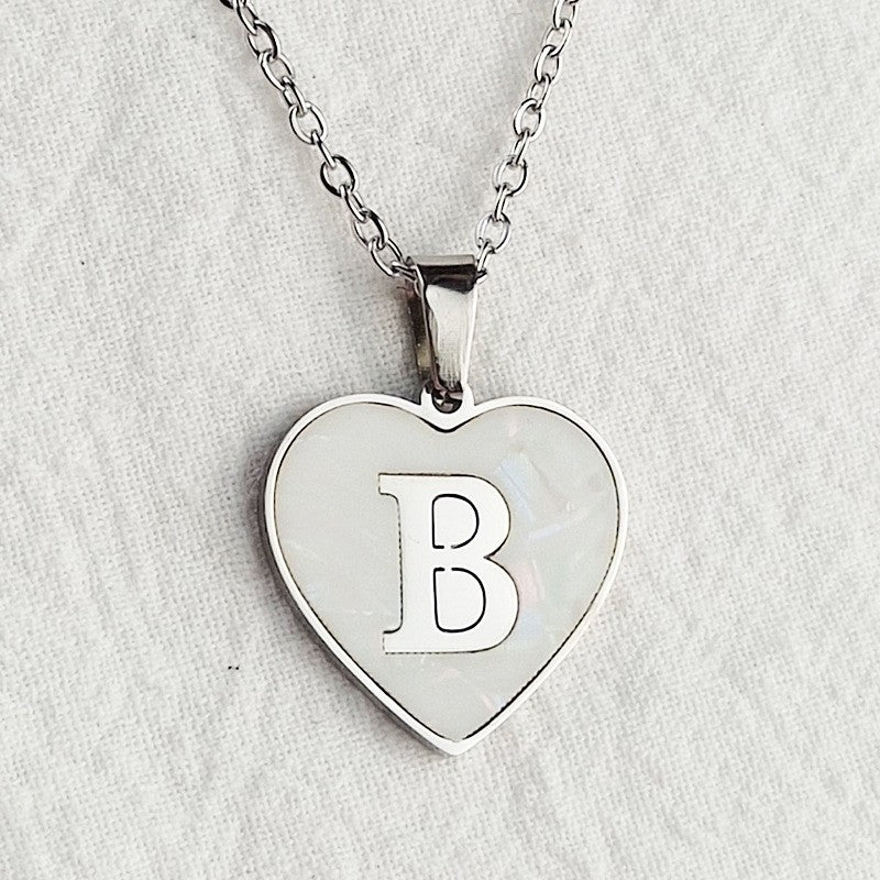 Wholesale 26 English Letters Heart Inlaid Shell Titanium Steel Necklace ACC-NE-DingChao002