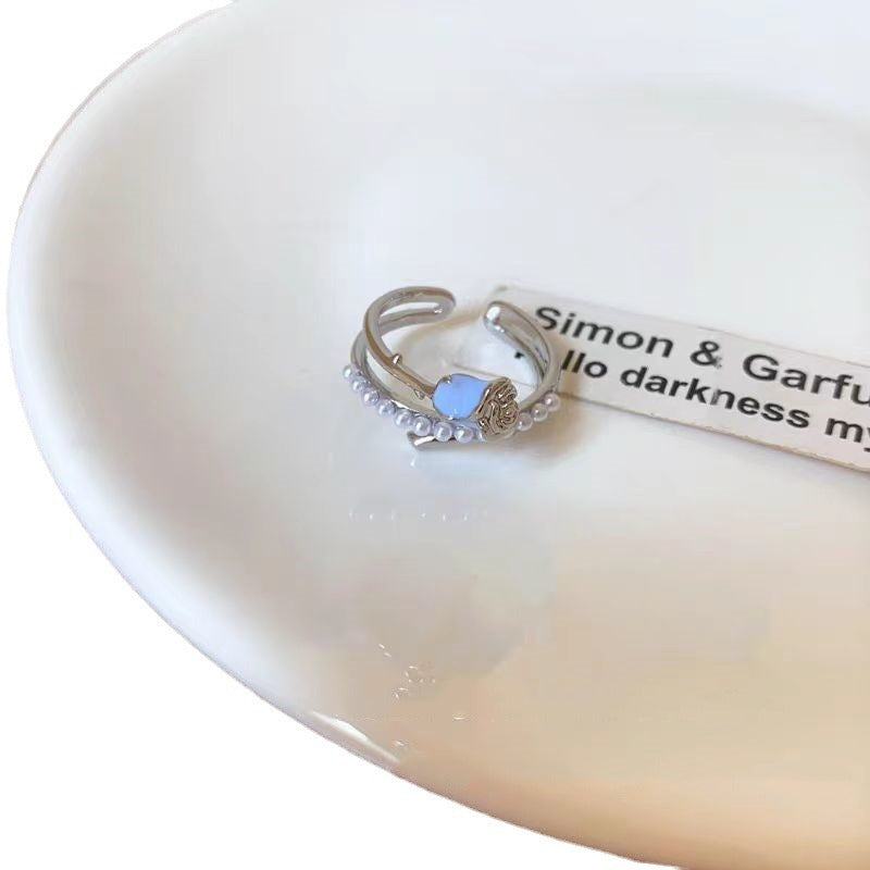 Wholesale Blue Rose Drop Glaze Pearl Ring