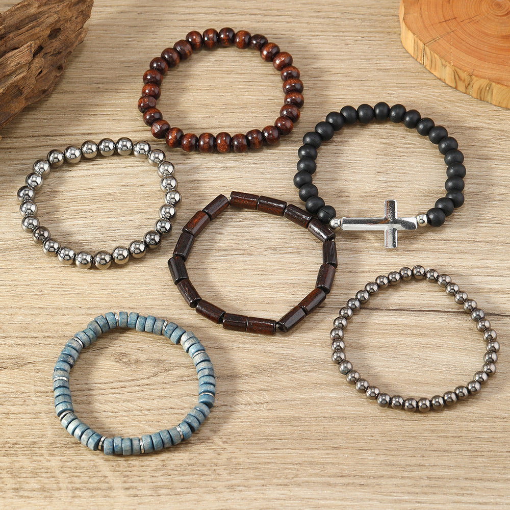 Wholesale 3PCS Vintage-style multi-layered wooden bead cross bracelet