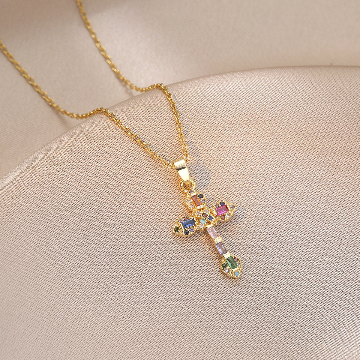 Wholesale Stylish Colorful Zircon Cross Necklace Copper Electroplated Fashion Accessory For Women Party Gift