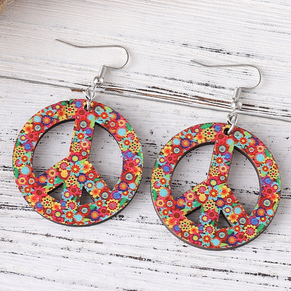 Wholesale Halloween Carnival Hippie suit Double-sided Wooden Pendant Peace Logo Necklace Earrings