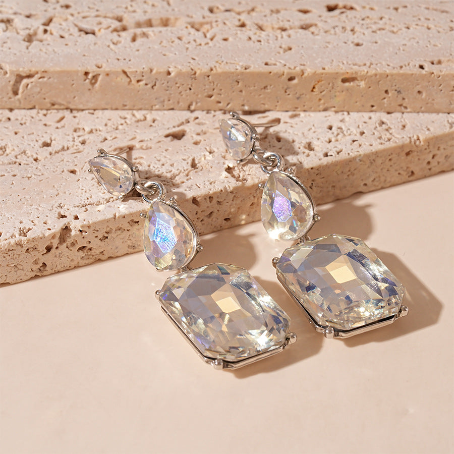 Wholesale Silver Needle Light Luxury Style Diamond Drop Geometric Square Earrings