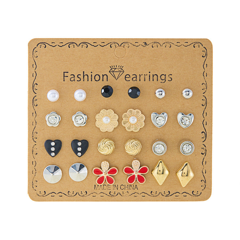 Wholesale month combination earrings 12 pairs of flowers love stars and moon diamond  earrings suit