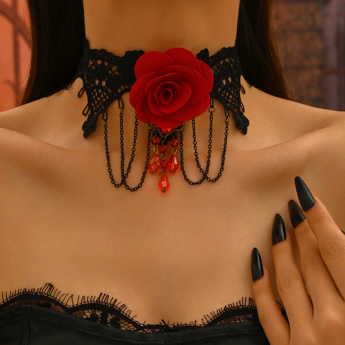 Wholesale  Retro Style  Red Rose Long Tassel Necklace