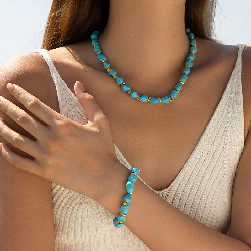 Wholesale Handmade Pine Stone Turquoise Clavicle Necklace Set Retro Blue Beaded Jewelry Accessory Gift