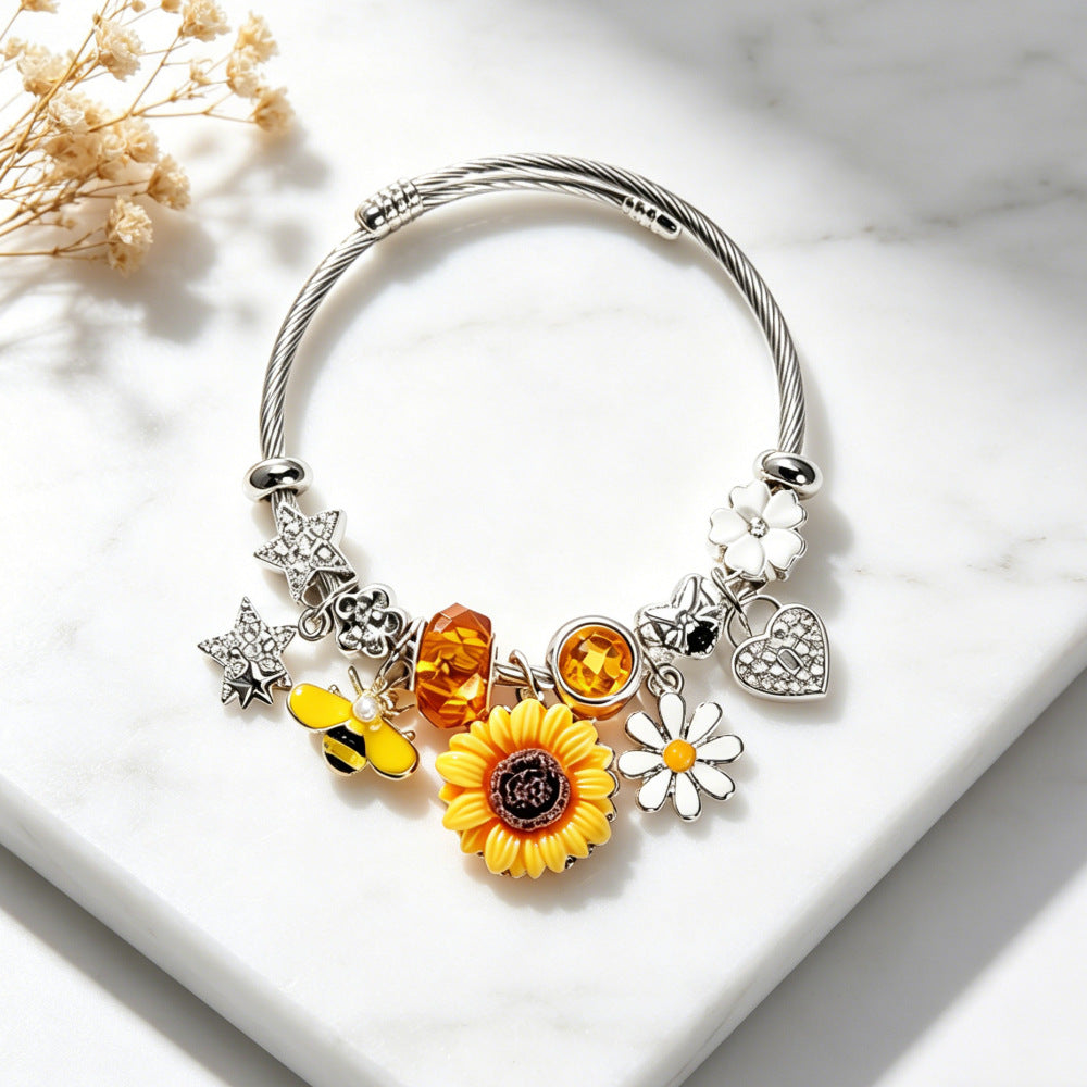 Wholesale Sunflower Bee Adjustable Open Cuff Bracelet Stainless Steel Nature Theme Fashion Accessory Boutique Resale Jewelry