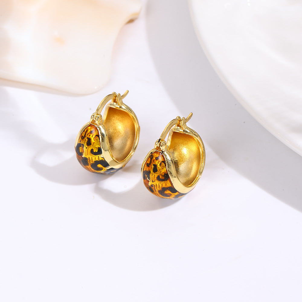 Wholesale  Retro Oil Dripping Geometric C-Shaped Leopard Print Earrings