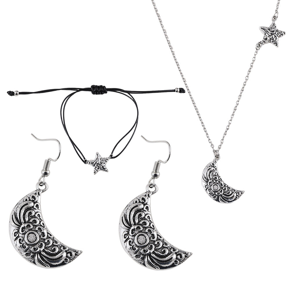 Wholesale Trendy Star Moon Jewelry Set Zinc Alloy Ancient Silver Earrings Necklace Bracelet Party Wear