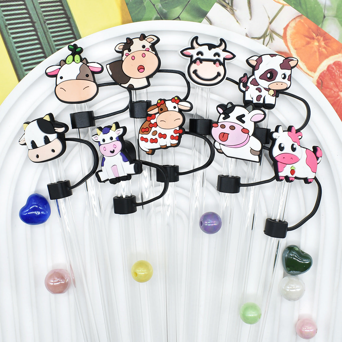 Wholesale Random 100pcs Cow 10mm PVC Soft Straw Tube Cap ACC-SCR-RYY071